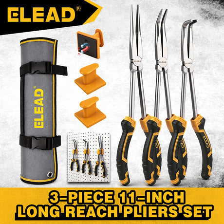 ELEAD 3 piece 11 inch long reach pliers set with straight 45 and 90 degree needle nose pliers magnetic racks and storage pouch