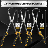 3-piece 11-inch hose gripper plier set with magnetic racks and rolling pouch for automotive hose clamp removal and small ring gripping