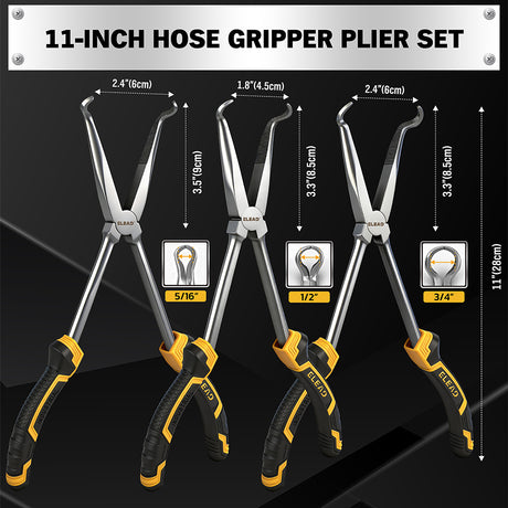 3-piece 11-inch hose gripper plier set with magnetic racks and rolling pouch for automotive hose clamp removal and small ring gripping
