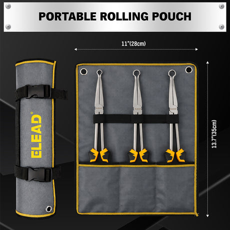 3-piece 11-inch hose gripper plier set with magnetic racks and rolling pouch for automotive hose clamp removal and small ring gripping