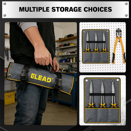 3-piece 11-inch hose gripper plier set with magnetic racks and rolling pouch for automotive hose clamp removal and small ring gripping