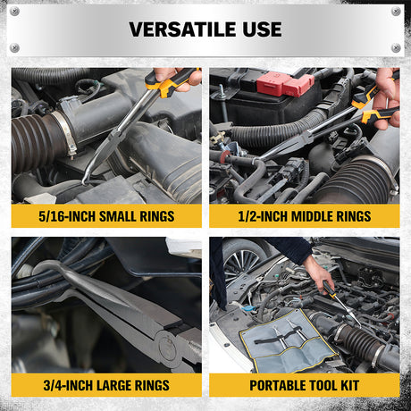 3-piece 11-inch hose gripper plier set with magnetic racks and rolling pouch for automotive hose clamp removal and small ring gripping