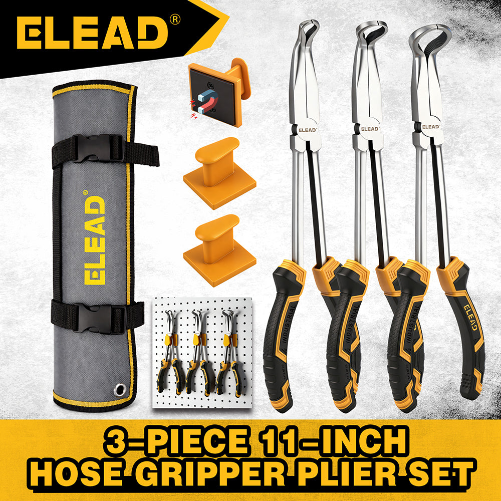 3-piece 11-inch hose gripper plier set with magnetic racks and rolling pouch for automotive hose clamp removal and small ring gripping
