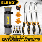 3-piece 11-inch hose gripper plier set with magnetic racks and rolling pouch for automotive hose clamp removal and small ring gripping