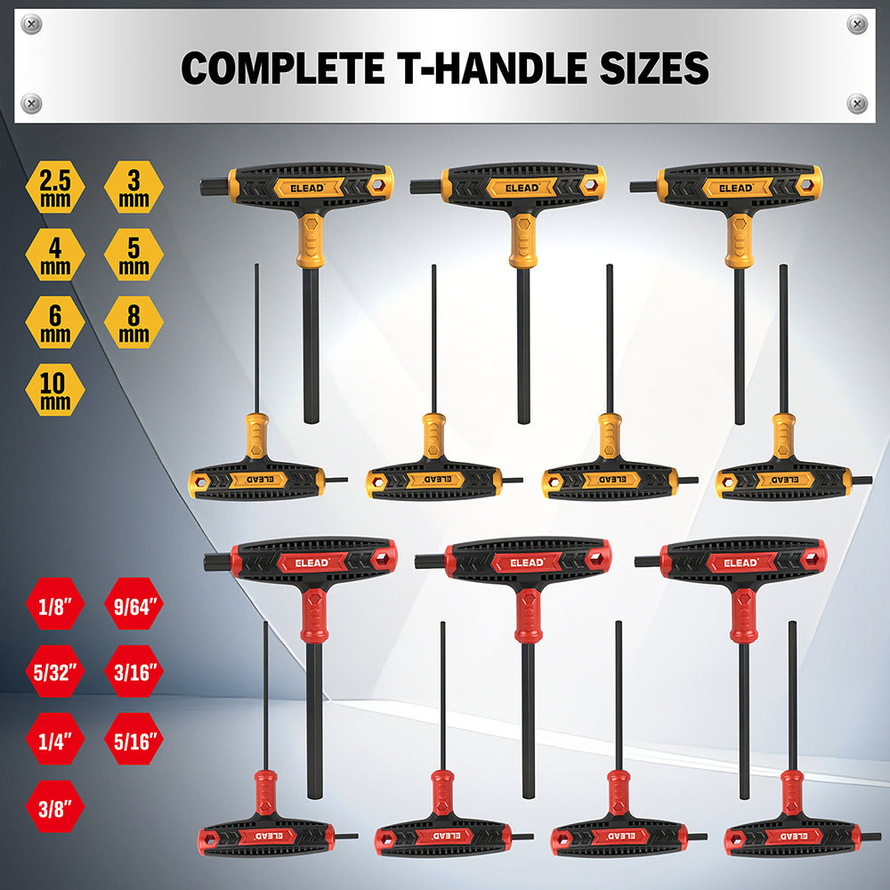 14 piece T handle hex key set CR-V steel metric SAE allen wrench long arm ergonomic grip tool set for automotive repair garage