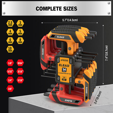 14 piece T handle hex key set CR-V steel metric SAE allen wrench ergonomic grip long arm hex key set for automotive repair