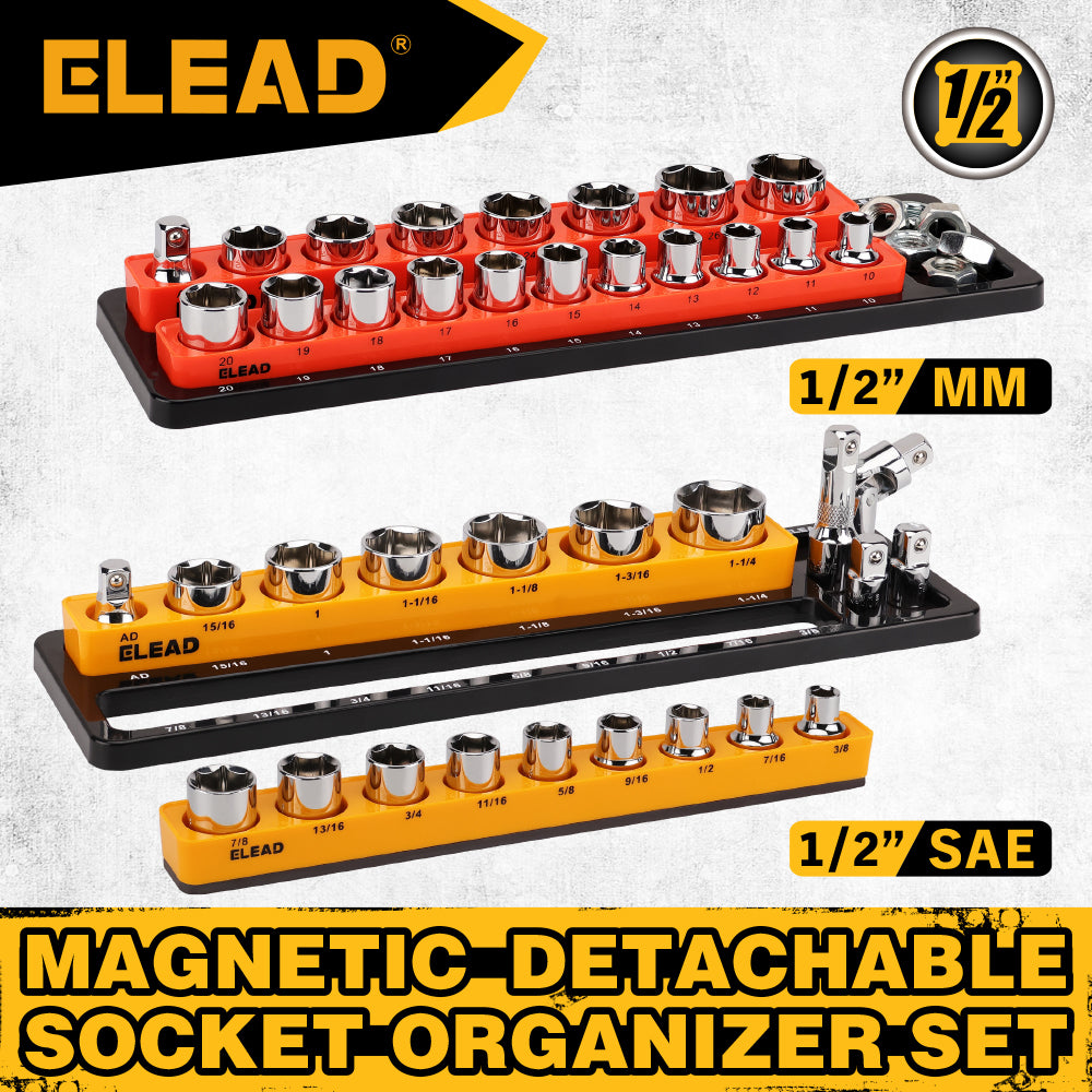 1/2-inch magnetic detachable socket organizer set for MM and SAE sockets, heavy-duty tool storage tray for workshops, tool carts, and garages