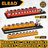 1/2-inch magnetic detachable socket organizer set for MM and SAE sockets, heavy-duty tool storage tray for workshops, tool carts, and garages