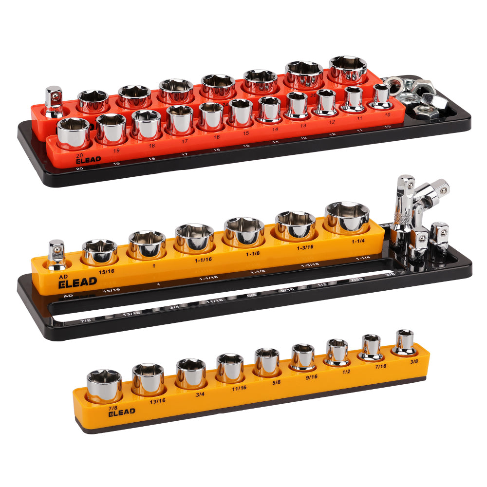 1/2-inch magnetic detachable socket organizer set for MM and SAE sockets, heavy-duty tool storage tray for workshops, tool carts, and garages