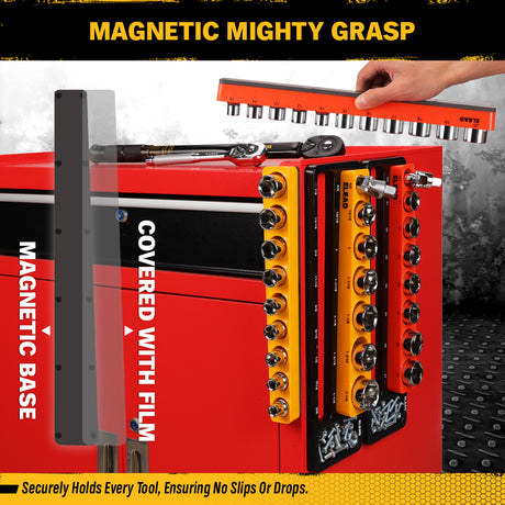 1/2-inch magnetic detachable socket organizer set for MM and SAE sockets, heavy-duty tool storage tray for workshops, tool carts, and garages