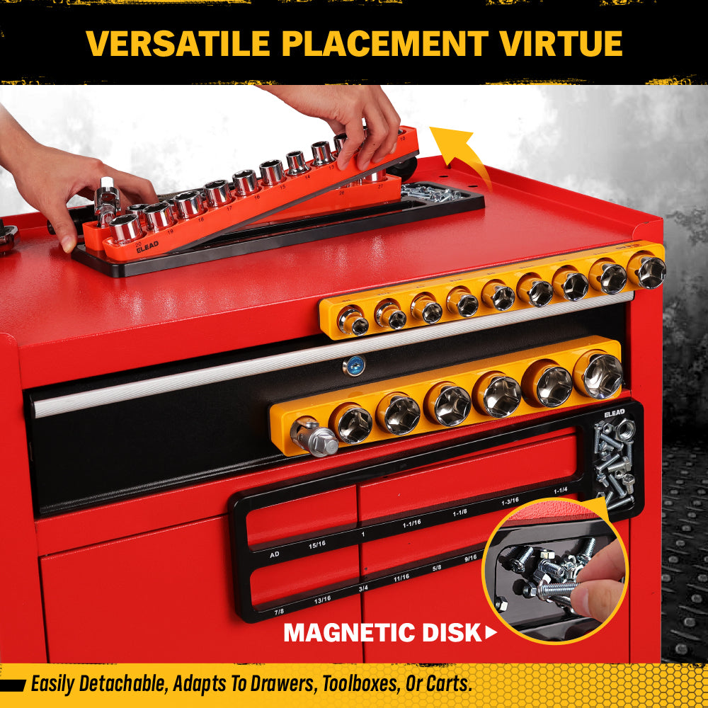 1/2-inch magnetic detachable socket organizer set for MM and SAE sockets, heavy-duty tool storage tray for workshops, tool carts, and garages