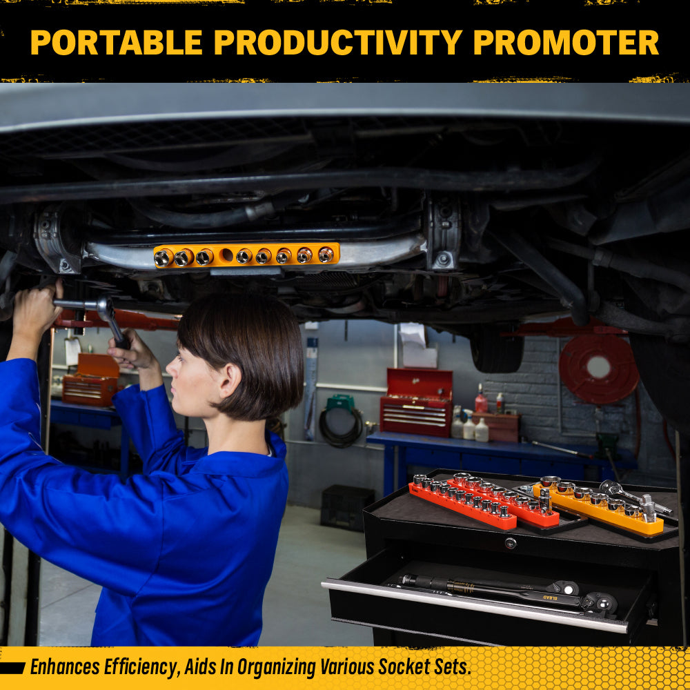 1/2-inch magnetic detachable socket organizer set for MM and SAE sockets, heavy-duty tool storage tray for workshops, tool carts, and garages