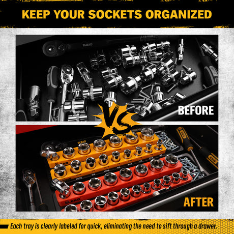 1/2-inch magnetic detachable socket organizer set for MM and SAE sockets, heavy-duty tool storage tray for workshops, tool carts, and garages