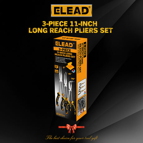 ELEAD 3 piece 11 inch long reach pliers set with straight 45 and 90 degree needle nose pliers magnetic racks and storage pouch