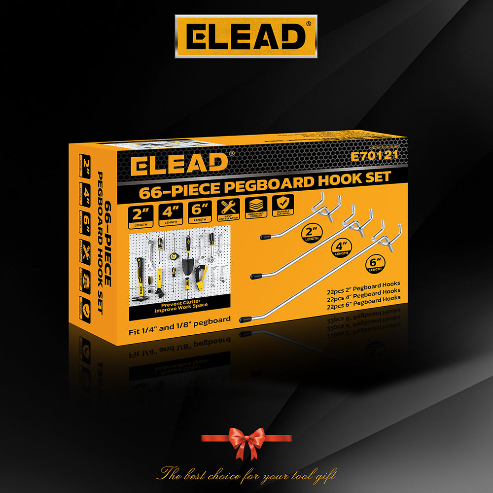 ELEAD 66-piece pegboard hook set with 2-inch, 4-inch, and 6-inch metal hooks for garage and workshop wall tool storage