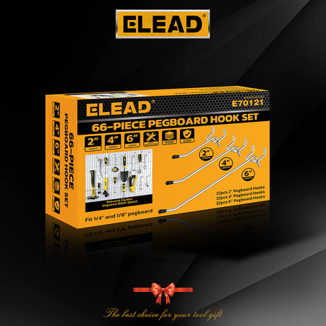 ELEAD 66-piece pegboard hook set with 2-inch, 4-inch, and 6-inch metal hooks for garage and workshop wall tool storage