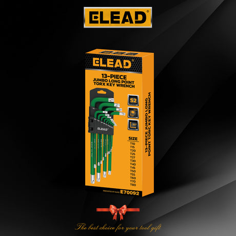 13-piece T10-T80 long arm Torx key set with L-shaped S2 steel star wrenches and green coated finish