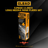 ELEAD 5-piece 11 inch long reach needle nose pliers set with straight, 45° and 90° bent jaws, magnetic racks and rolling pouch