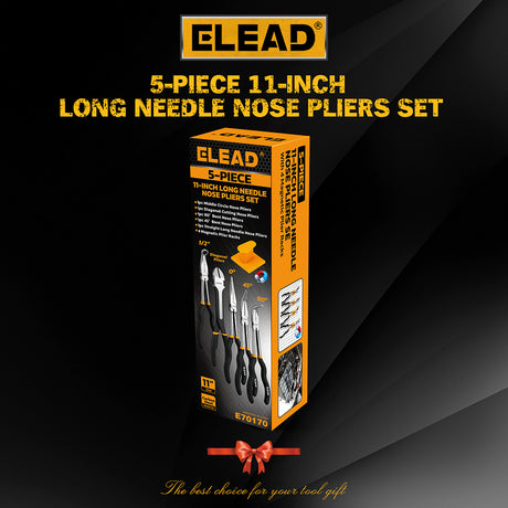 ELEAD 5-piece 11 inch long reach needle nose pliers set with straight, 45° and 90° bent jaws, magnetic racks and rolling pouch
