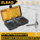 ELEAD 40-in-1 magnetic ratchet screwdriver kit with flexible handle, color-coded S2 bits, and portable locking case for precise repair and assembly tasks.