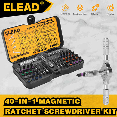 ELEAD 40-in-1 magnetic ratchet screwdriver kit with flexible handle, color-coded S2 bits, and portable locking case for precise repair and assembly tasks.