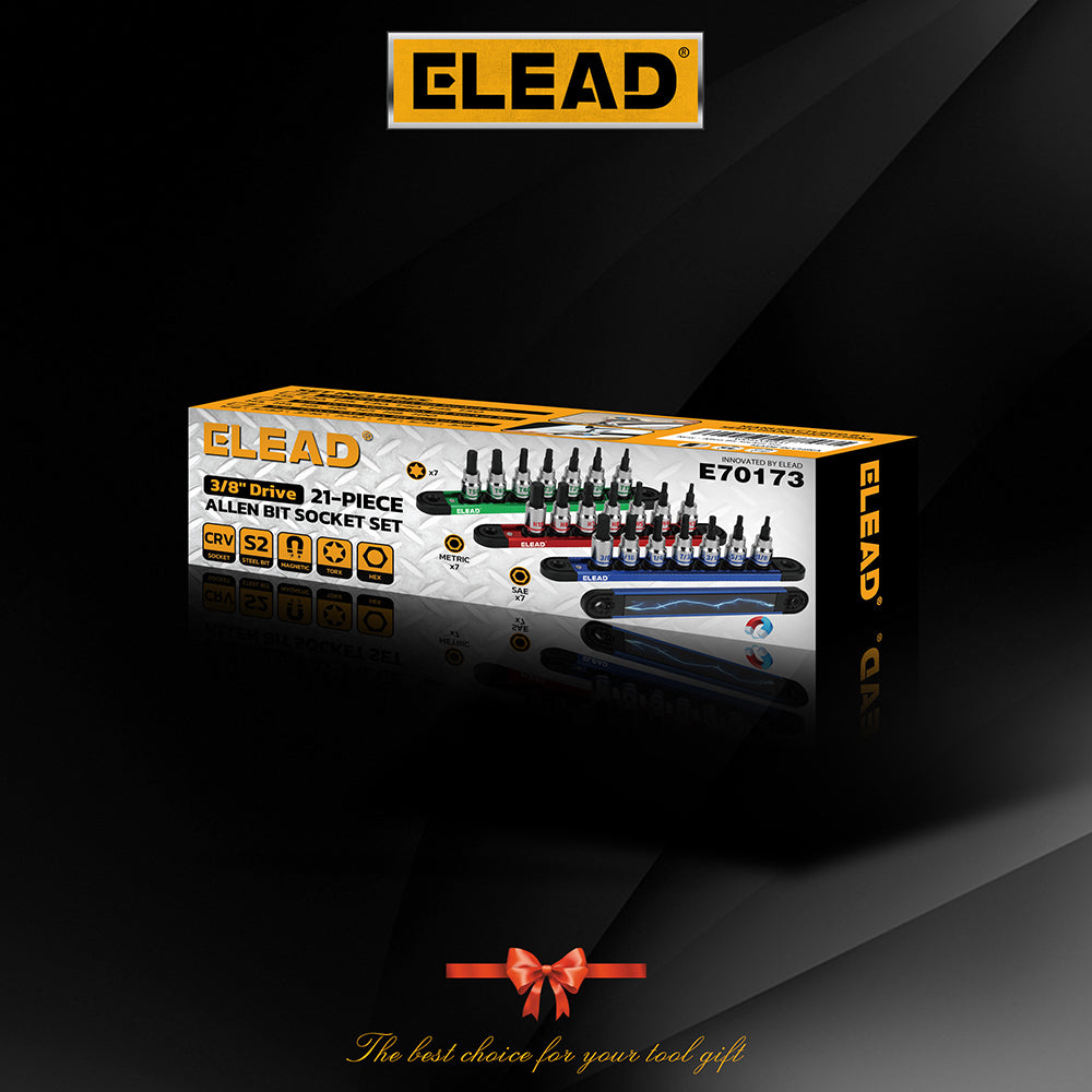 ELEAD 3/8 inch drive 21 piece hex and torx bit socket set with magnetic rails, metric and SAE allen bits for automotive and mechanical use
