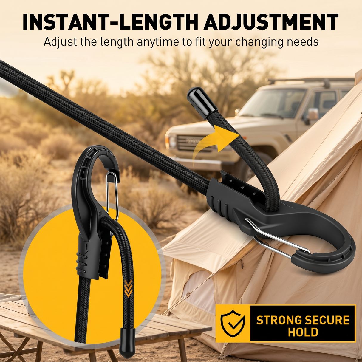 adjustable bungee cords set with carabiner hooks, heavy duty elastic tie down cords for camping, cargo securing, roof racks, storage organization and outdoor use