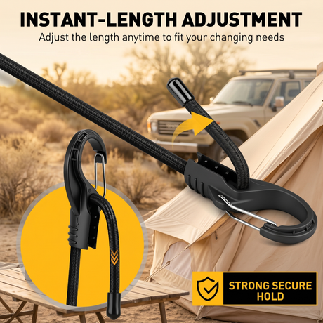 adjustable bungee cords set with carabiner hooks, heavy duty elastic tie down cords for camping, cargo securing, roof racks, storage organization and outdoor use