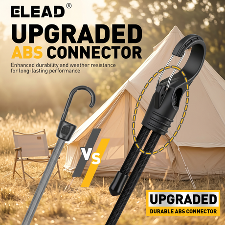 adjustable bungee cords set with carabiner hooks, heavy duty elastic tie down cords for camping, cargo securing, roof racks, storage organization and outdoor use