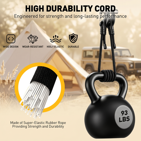 adjustable bungee cords set with carabiner hooks, heavy duty elastic tie down cords for camping, cargo securing, roof racks, storage organization and outdoor use
