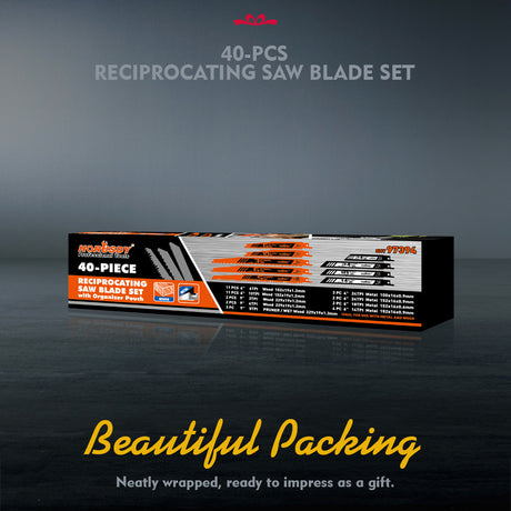 40 piece reciprocating saw blades set with organizer pouch for wood cutting, metal cutting, pruning, demolition and general purpose Sawzall applications
