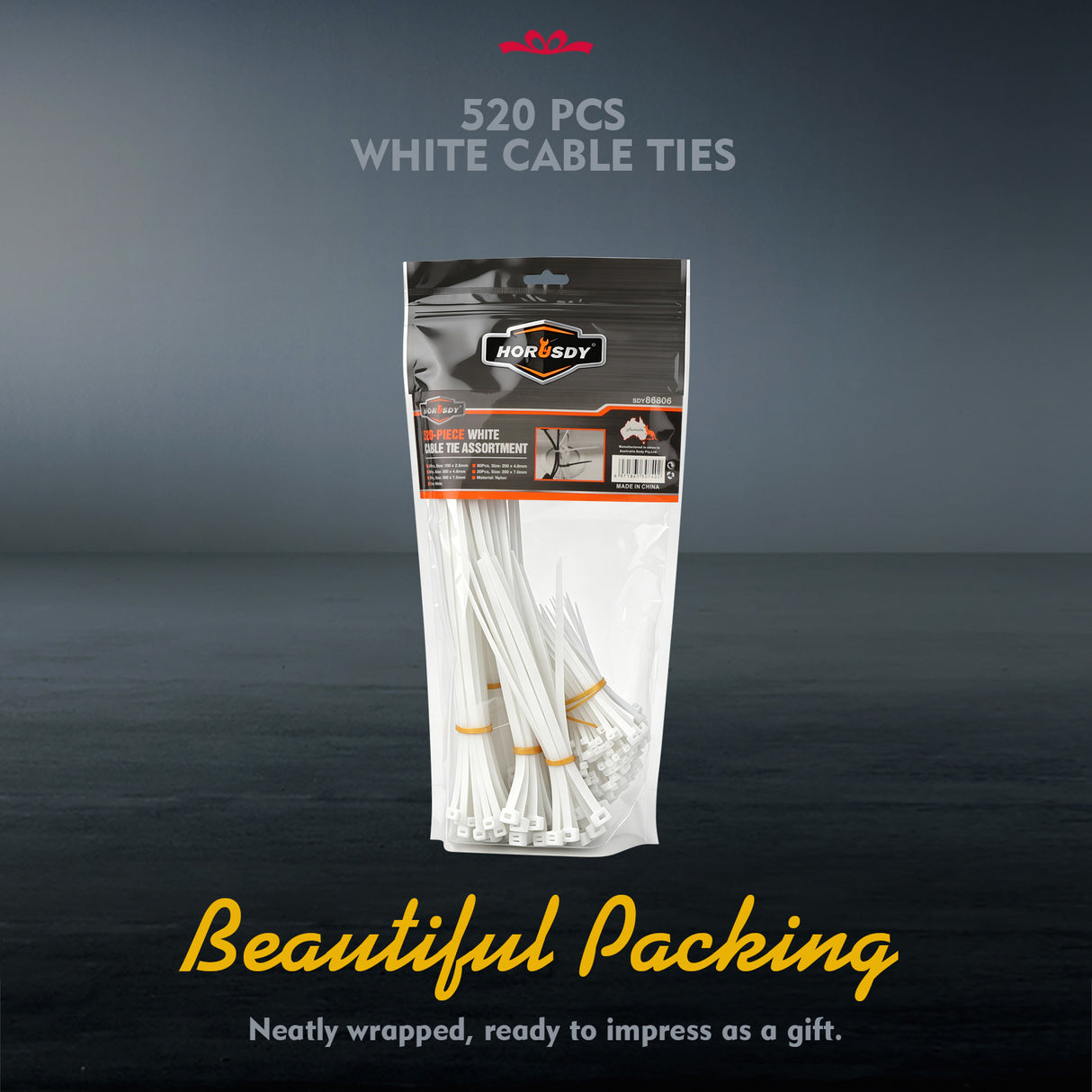 520-piece white nylon cable ties assortment in 4, 8 and 12 inch sizes with self-locking design for cable management