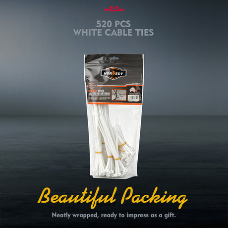 520-piece white nylon cable ties assortment in 4, 8 and 12 inch sizes with self-locking design for cable management