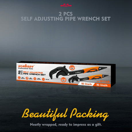 Self-adjusting pipe wrench set with high-carbon steel jaws, non-slip handles and 14–63mm capacity for plumbing, auto repair and home maintenance