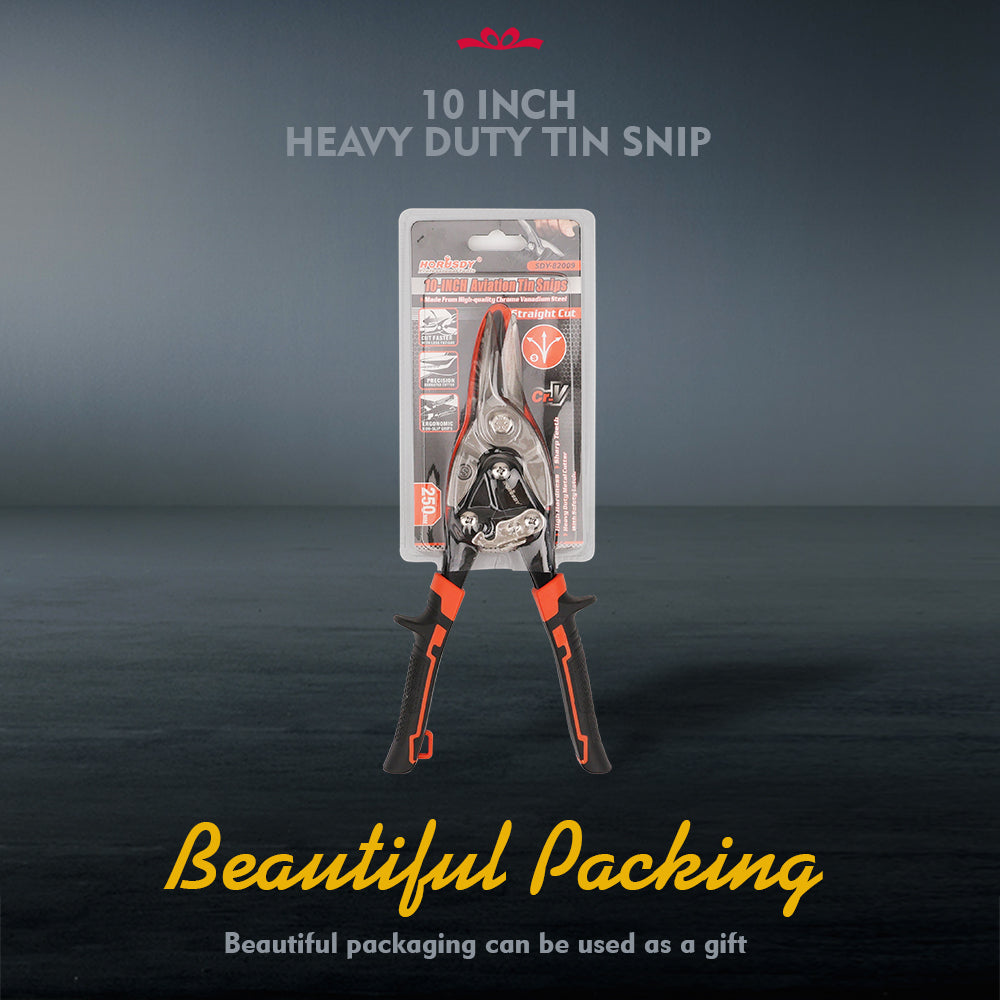 HORUSDY 250mm Heavy Duty Tin Snips, Cr-V Straight Cut Aviation Snip with Serrated Blades & Non-Slip Handles for Metal, Aluminum, Plastic & Wire