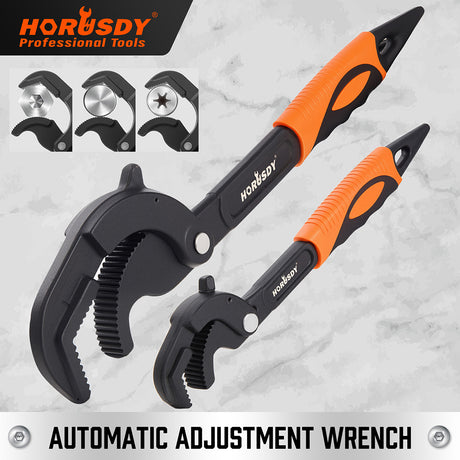 Self-adjusting pipe wrench set with high-carbon steel jaws, non-slip handles and 14–63mm capacity for plumbing, auto repair and home maintenance