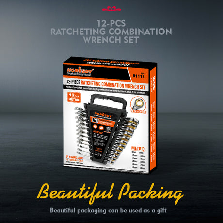 12-piece SAE ratcheting combination wrench set with 72-tooth 12-point box ends, CR-V steel construction and 1/4 to 7/8 inch sizes