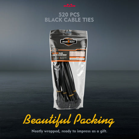 520-piece black nylon cable ties assortment in 4, 8 and 12 inch sizes with self-locking design for wire and cable management