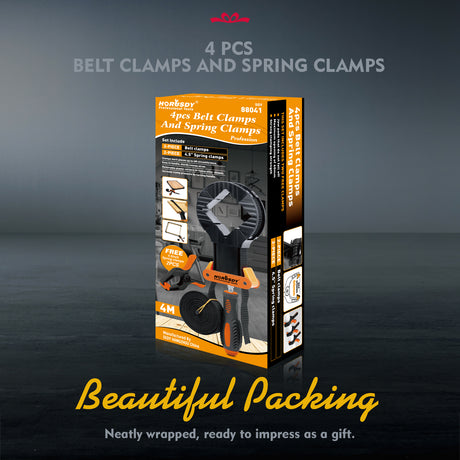 4-piece woodworking clamp set with two 13 ft strap clamps and two 4.5 in spring clamps for picture frames, boxes and irregular workpieces.
