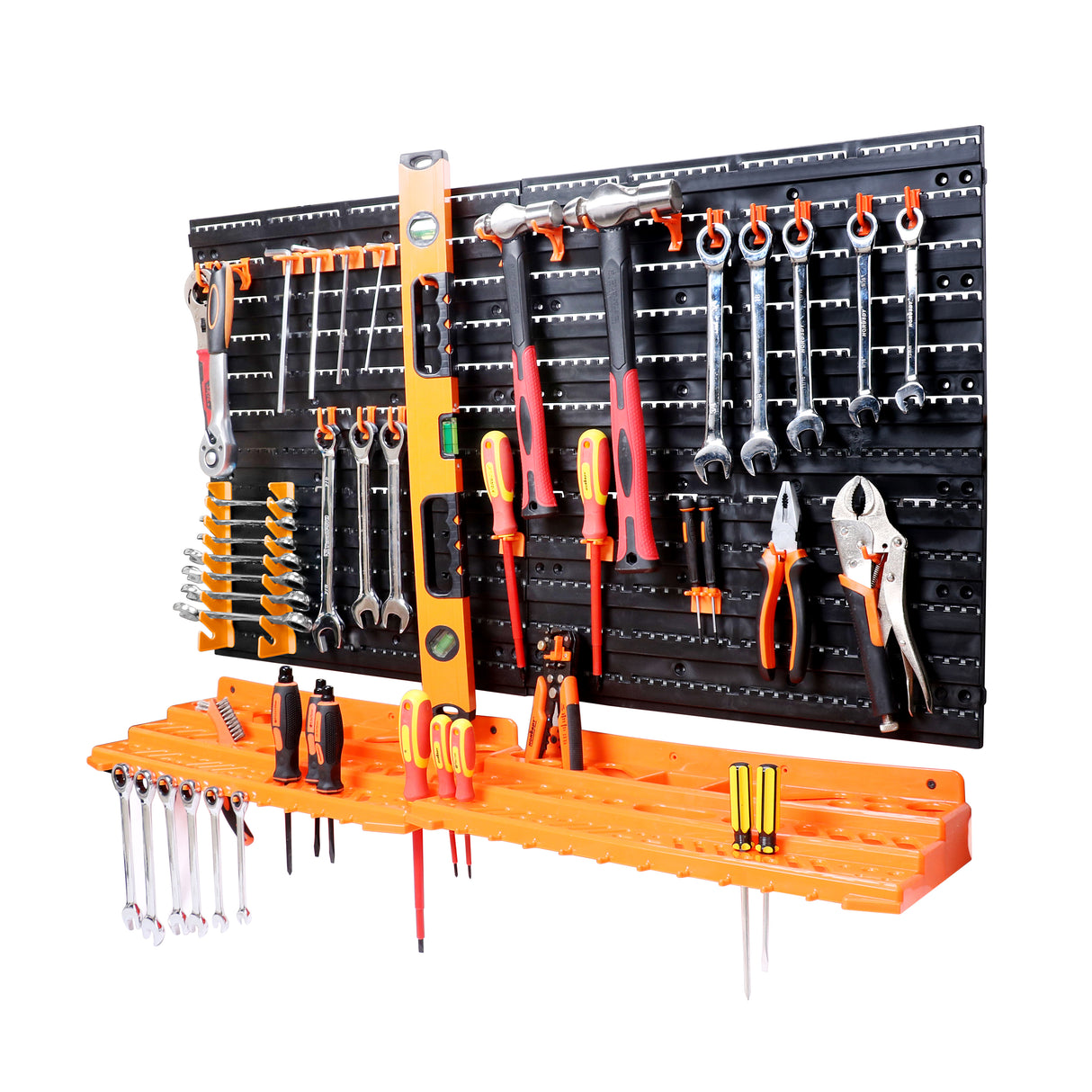 HORUSDY 52-piece wall mounted pegboard tool organizer with shelves and assorted hooks for garage and workshop storage