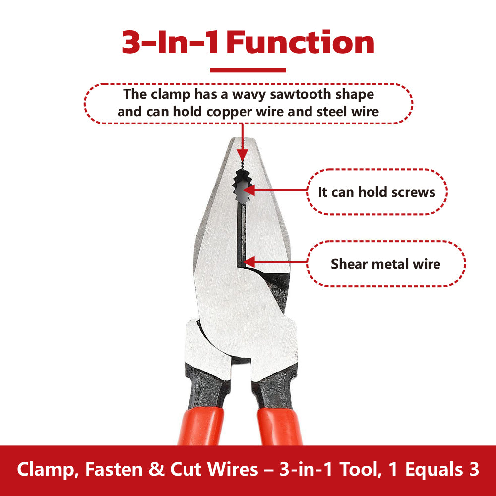 9 inch industrial wire pliers with wavy serrated jaws, 3-in-1 design for clamping, fastening and cutting steel wire with PVC grip handles