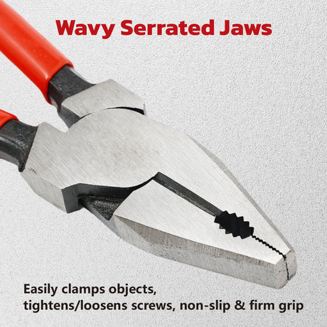 9 inch industrial wire pliers with wavy serrated jaws, 3-in-1 design for clamping, fastening and cutting steel wire with PVC grip handles