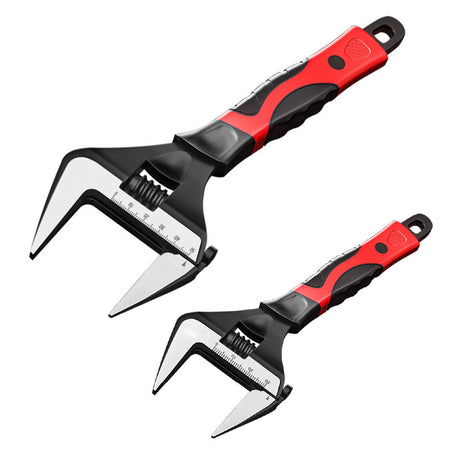 Wide opening adjustable wrench set with laser scale, short handle design and rubber grip, including 6-inch and 10-inch spanners for plumbing and mechanical work