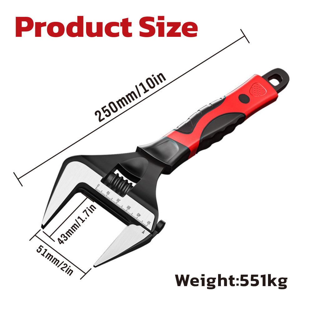 Wide opening adjustable wrench set with laser scale, short handle design and rubber grip, including 6-inch and 10-inch spanners for plumbing and mechanical work