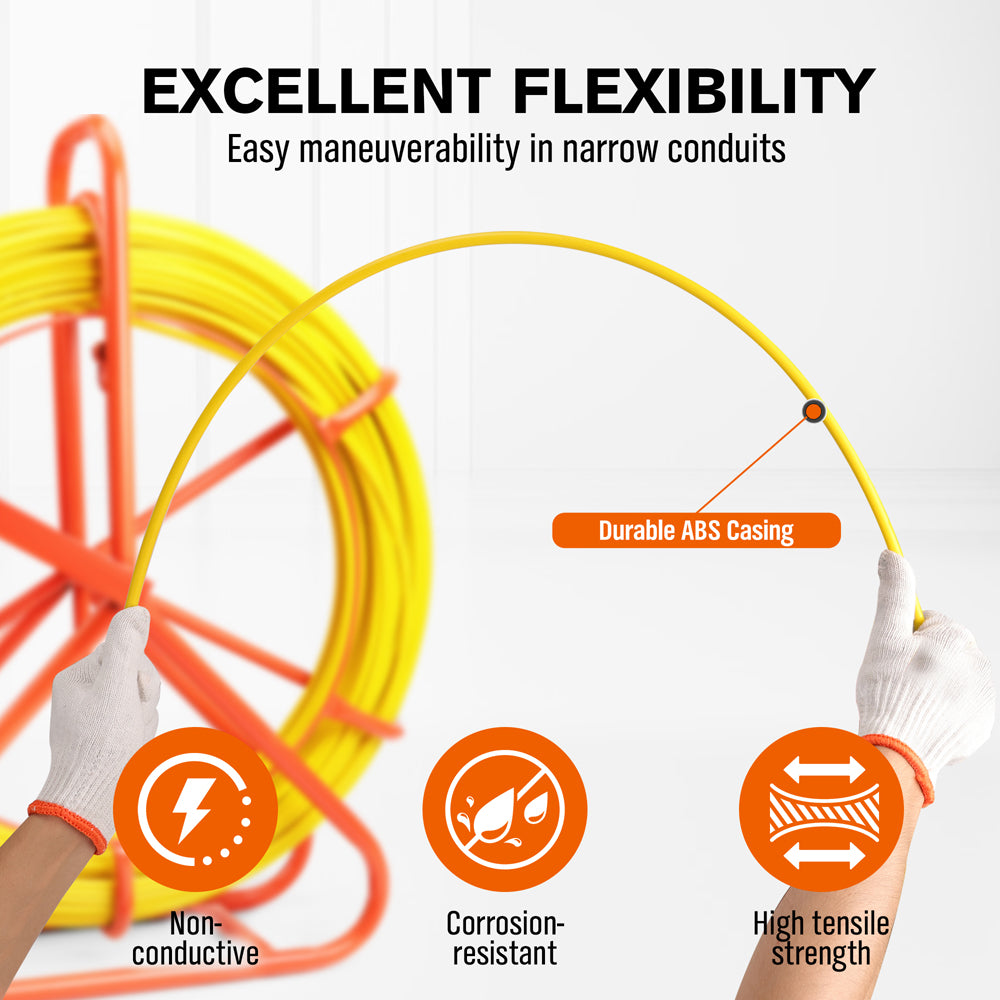 HORUSDY 150M 8mm fish tape puller with dual-wheel frame, flexible conduit rodder tool for electricians and cable installation