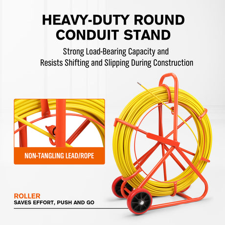 HORUSDY 150M 8mm fish tape puller with dual-wheel frame, flexible conduit rodder tool for electricians and cable installation