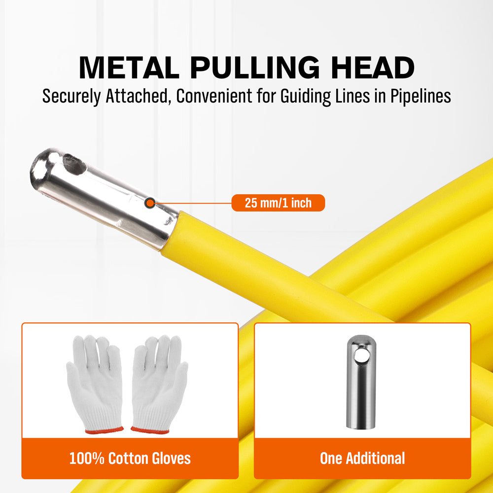 HORUSDY 150M 8mm fish tape puller with dual-wheel frame, flexible conduit rodder tool for electricians and cable installation