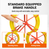 HORUSDY 150M 8mm fish tape puller with dual-wheel frame, flexible conduit rodder tool for electricians and cable installation