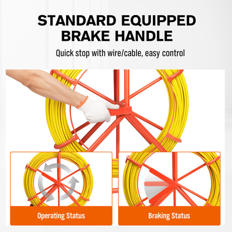 HORUSDY 150M 8mm fish tape puller with dual-wheel frame, flexible conduit rodder tool for electricians and cable installation