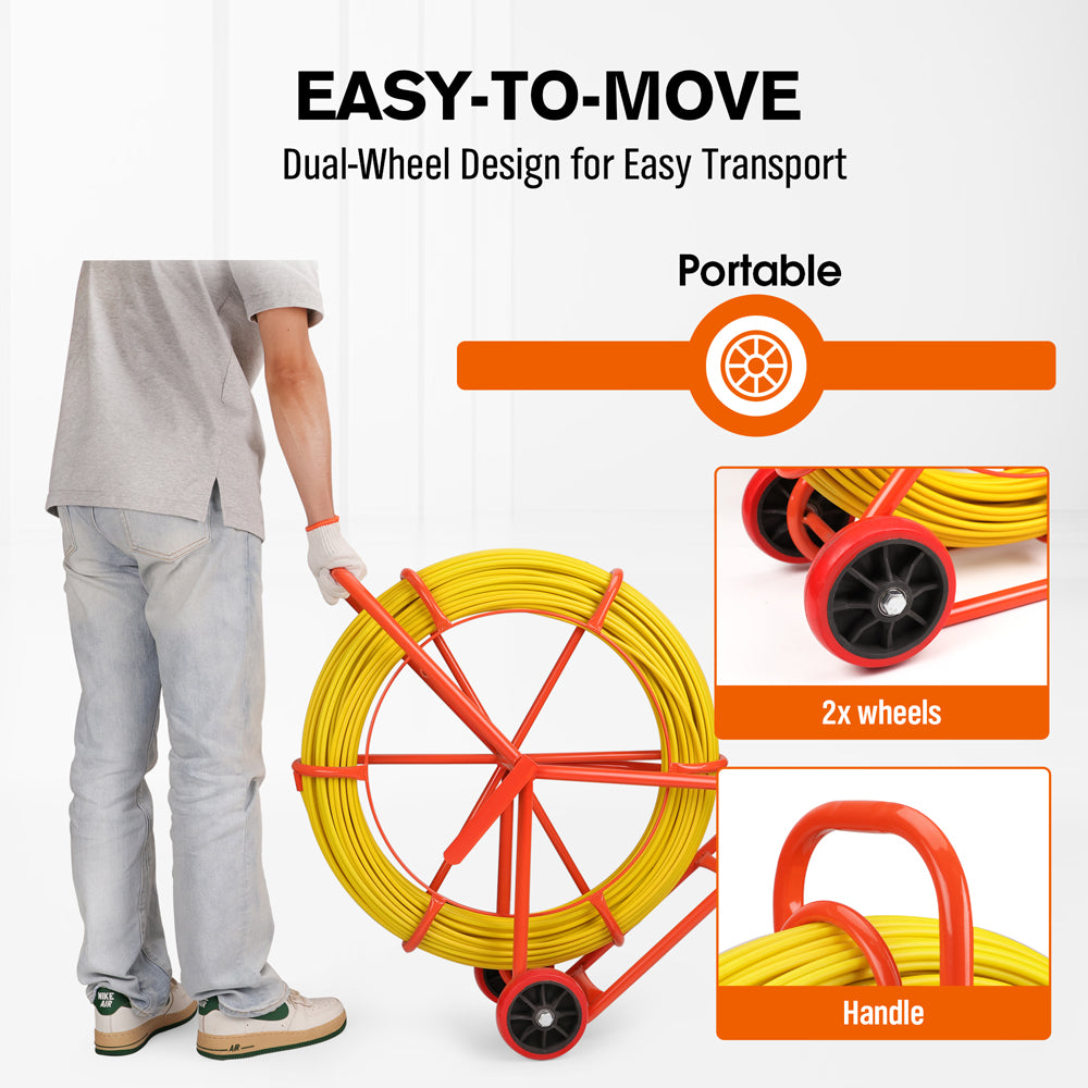 HORUSDY 150M 8mm fish tape puller with dual-wheel frame, flexible conduit rodder tool for electricians and cable installation